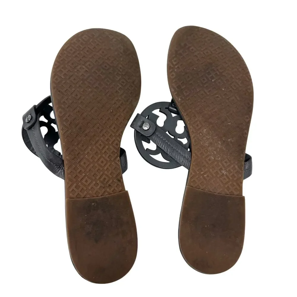 TORY BURCH Gray Grey Leather Miller Classic Designer Logo Sandals Flip Flop Sz 9